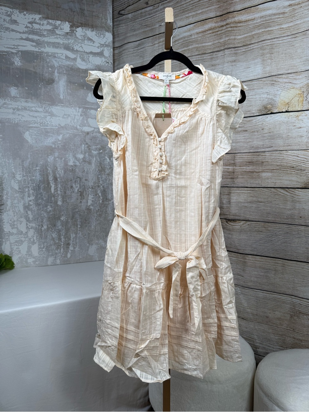 Umgee Cream Textured Ruffle Dress Tie Waist Tiered Mini Cotton Lined NWT - Picture 6 of 8
